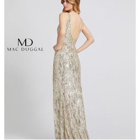 MAC DUGGAL 5018 Dress 2 Cassandra Stone Sequin Gown Plunging Neckline High Slit - Picture 2 of 16